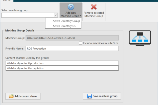 image It’s now possible to configure multiple content shares for one machine group, also support for machine groups based on Active Directory OU’s have been added and you can provide friendly names for machine groups